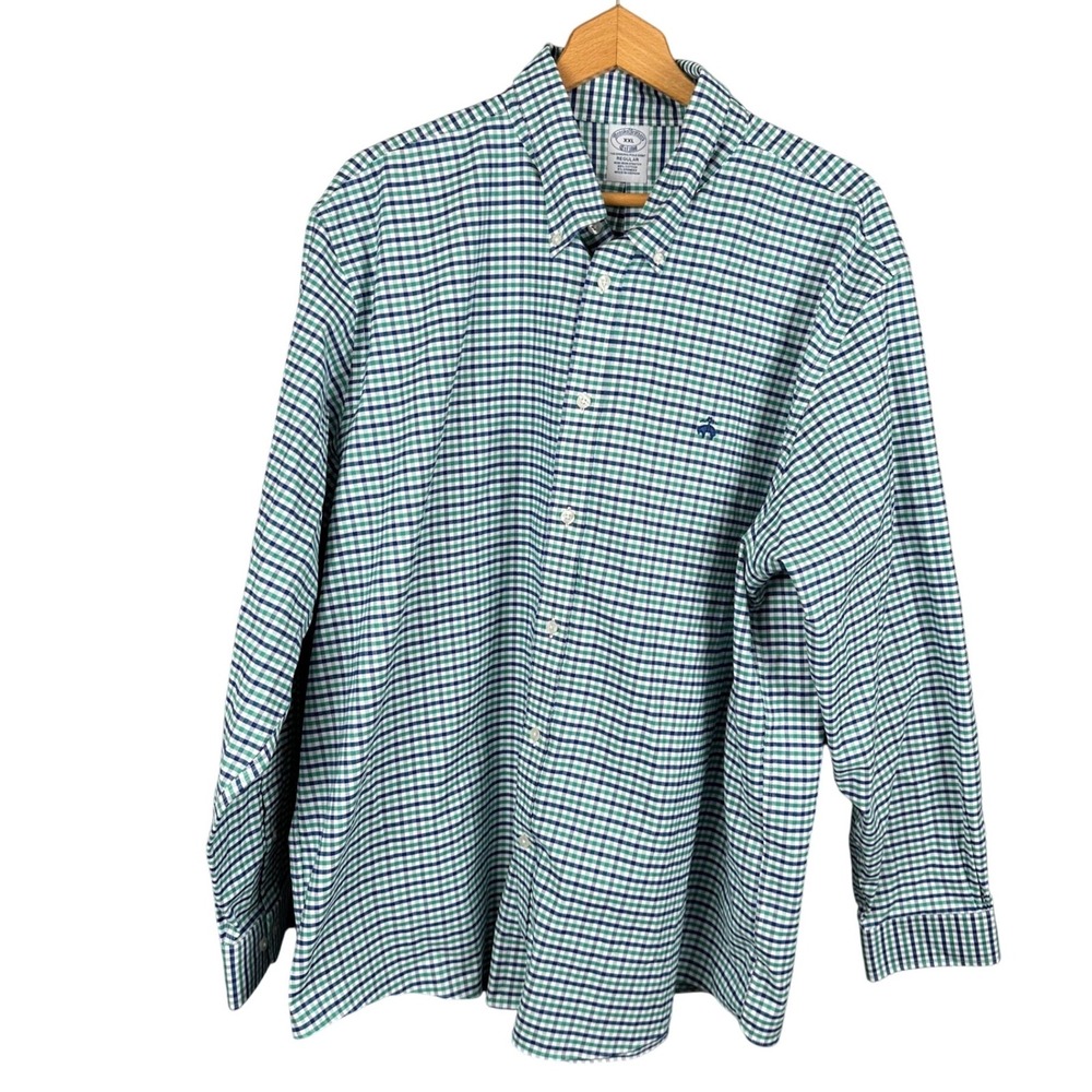 Brooks Brothers Mens XXL Regular Fit Non-Iron Stretch Gingham Shirt Green Blue